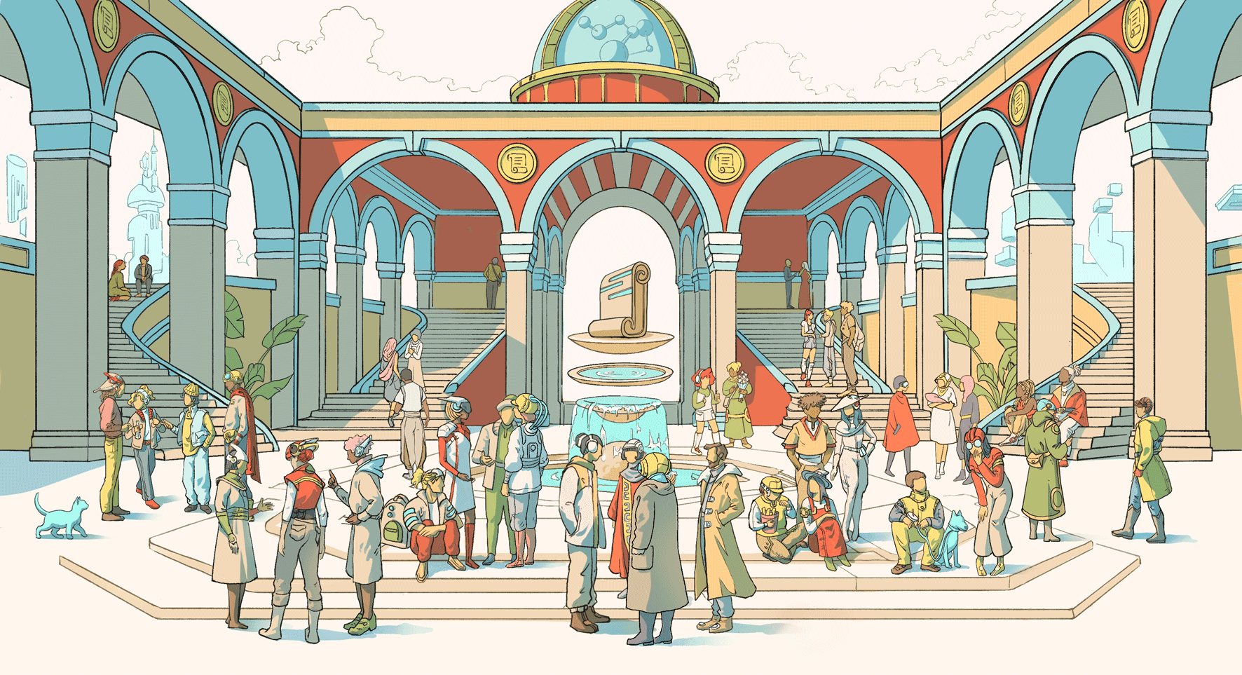 People around a circle of eth, yellow, blue, colorful